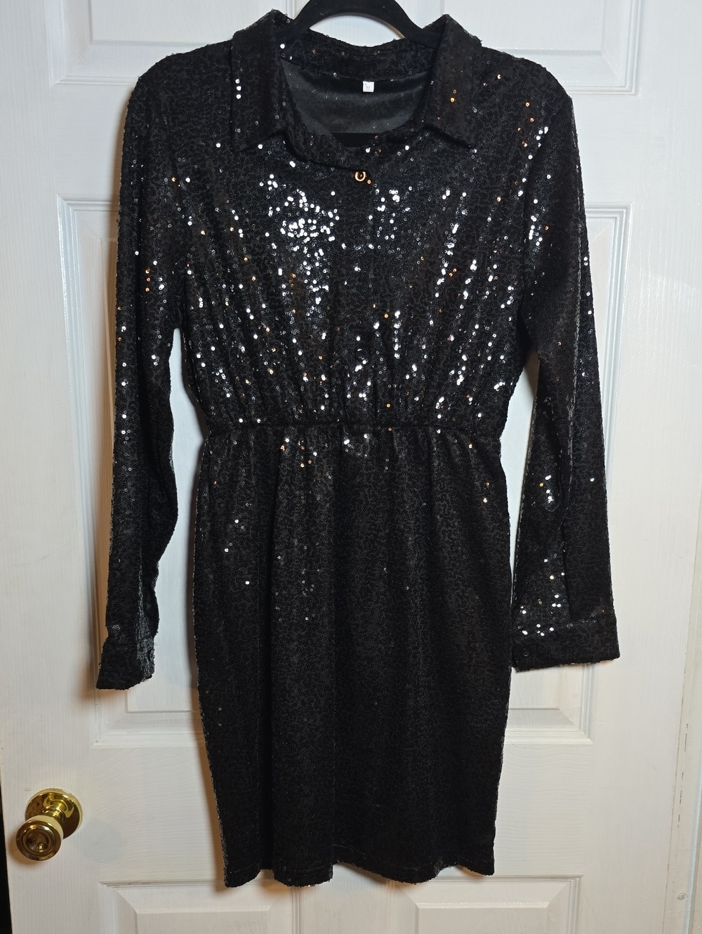 Women's M Medium Black Sequin Long-Sleeve Collared Dress